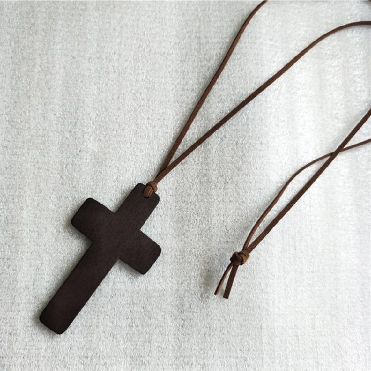 Vintage Wooden for Cross Pendant Brown/Black Rope Necklace Adjustable for Men Wo