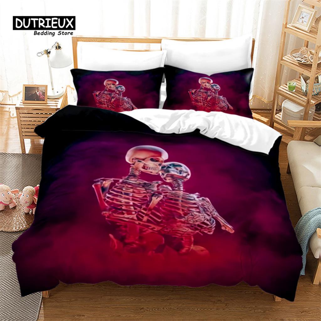 Skull Duvet Cover Microfiber Horror Theme Bedding Set Grunge Scary Skulls Sketchy Graveyard Death Evil Face Full Comforter Cover