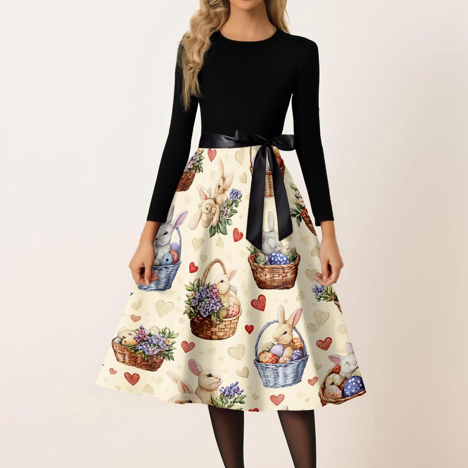 Women s Casual Fashion Round Neck Carnival Printed Vintage Dress L бежевый
