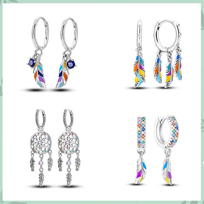 925 Sterling Silver For Women Colorful Sparkling Feather Hoop Earrings Dreamcatcher Drop Earring Fits Original Wedding Jewelry