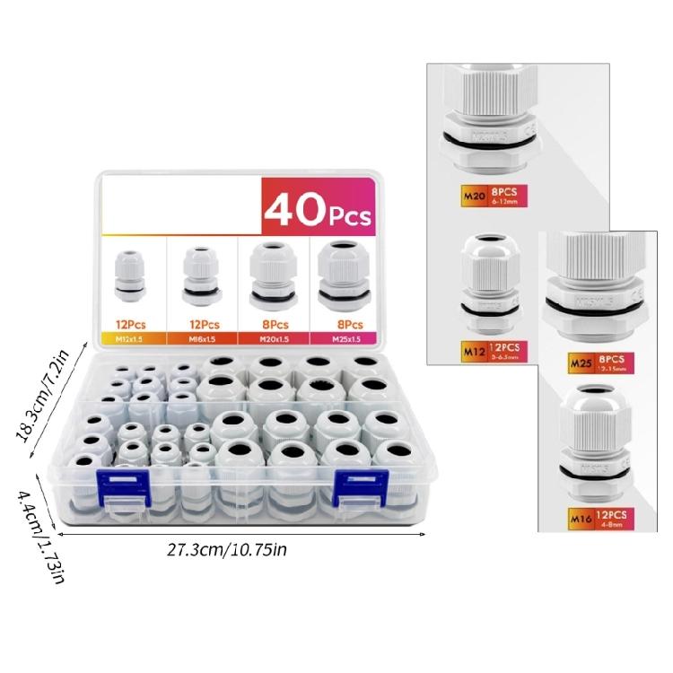40 Stück Wasserdichte Kabelverschraubungen Kunststoff-Kabelverschraubungen Zugentlastung Kabelverbinder mit Dichtungen Einstellbare Kontermutter