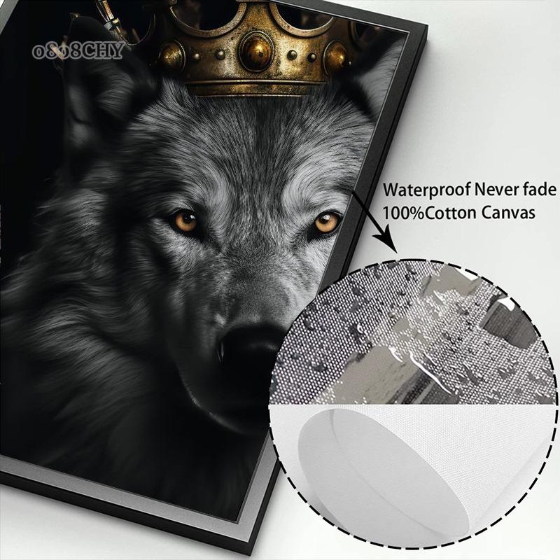 Black White Animal Kingdom Posters Canvas Print Wall Art Painting Wild Lion Tiger Eagle Bear with Gold Crown Mural Home Decor