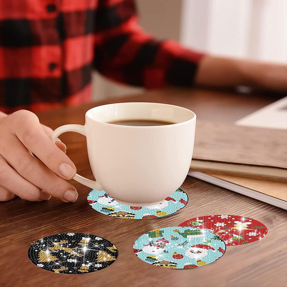 8 PCS Diamond Painting Coasters Kits Santa Acrylic Diamond Painting Art Coaster Kit Elk with Holder Diamond Painting DIY Coaster