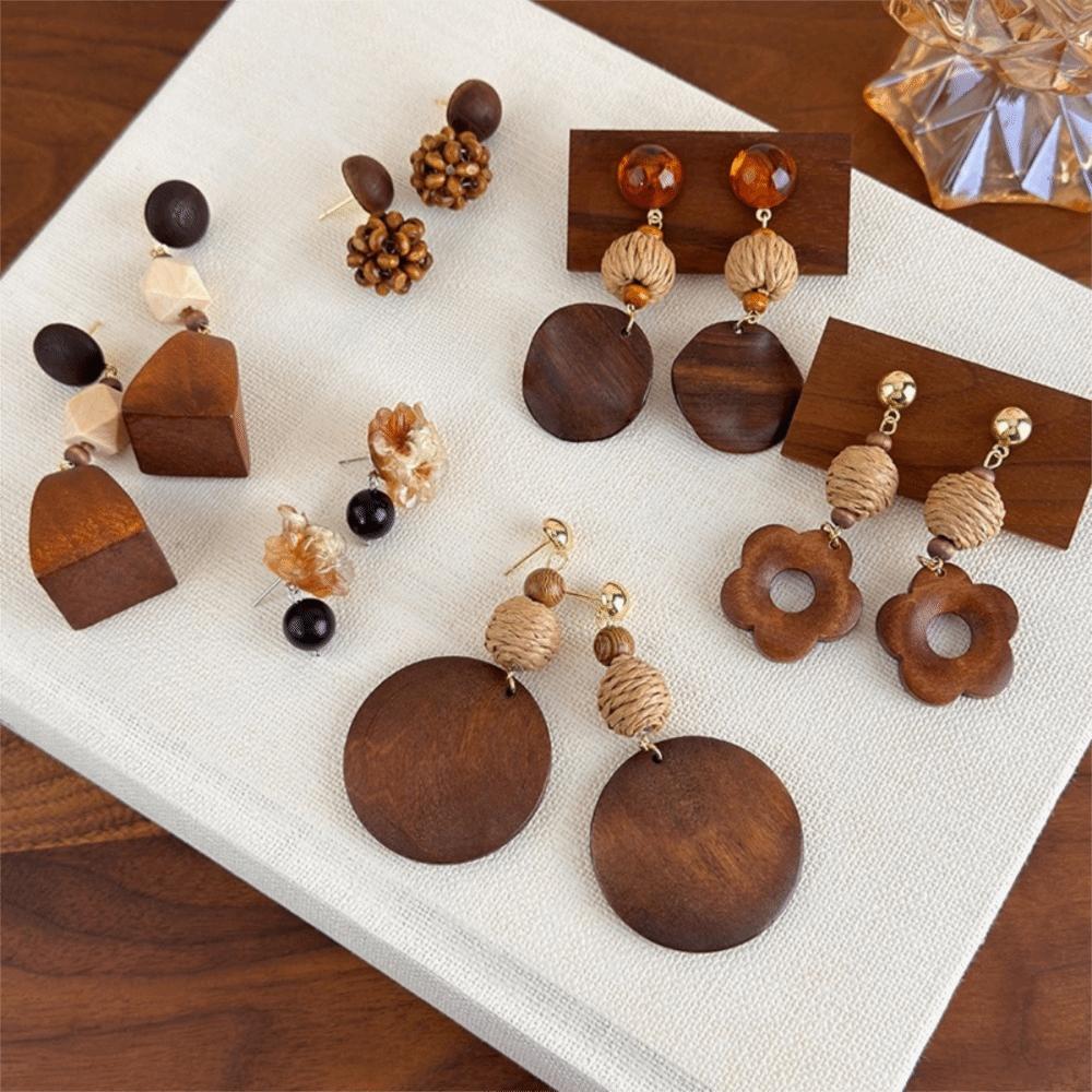 Brown Wooden Drop Earrings Flower Beads Dangle Earrings New Woven Tassel Earrings Beach