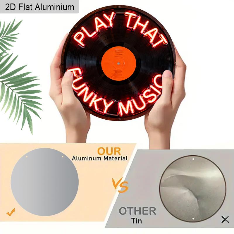 2D Flaches Aluminium Spiel Das Funky Musik 7,87 Zoll Schild CD Platte, Warme Rote Buchstaben Neon Up Schild für Wanddekoration Musik, Karaoke Bar Club Plattenladen