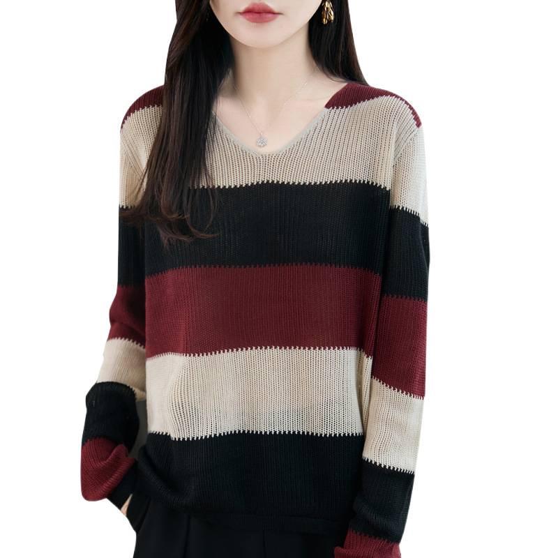 Women's Autumn V-Neck Color Block Striped Sweater - Soft, Loose, and Versatile