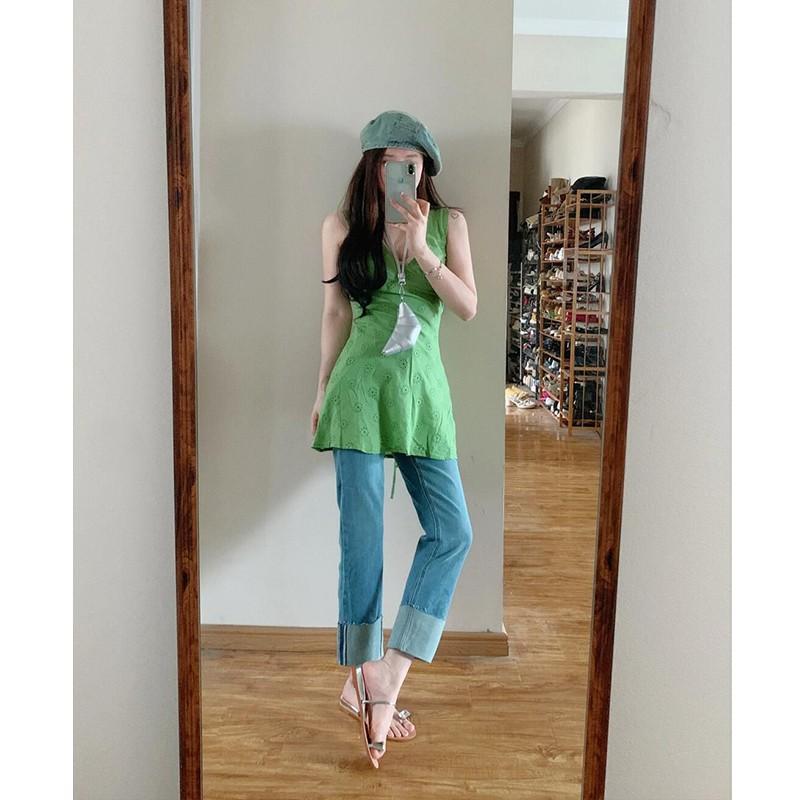 

French retro green V-neck vest dress women s new summer small fresh waist thin A-word short skirt XL зелений