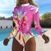 Women Long Sleeve One Piece Swimsuit Zip Front  Marble Tie Dye Print Rash Guard Surfing Bathing Suit