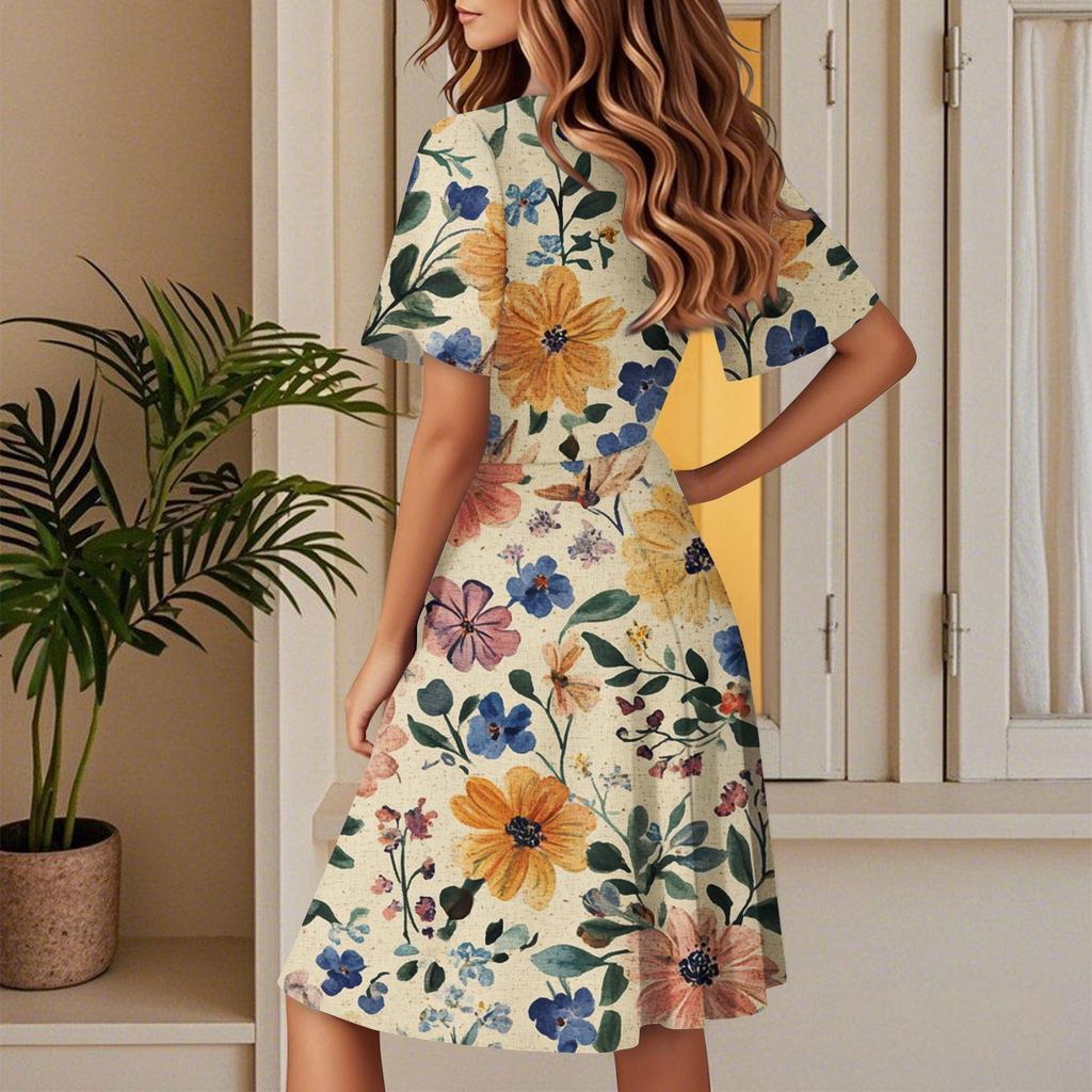 Kvinners Casual Mote Kjole Vintage Blomstermønstret Blomster Kort Erm V-hals Kjole