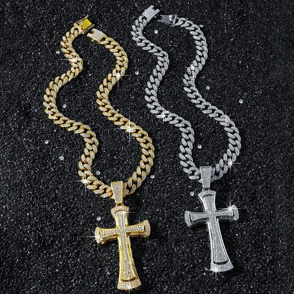 Men Women Hip Hop Cross Shiny Pendant Necklace 13mm Miami Cuban Chain Charm Bling Exquisite Necklaces Jewelry Fashion Charm Gift