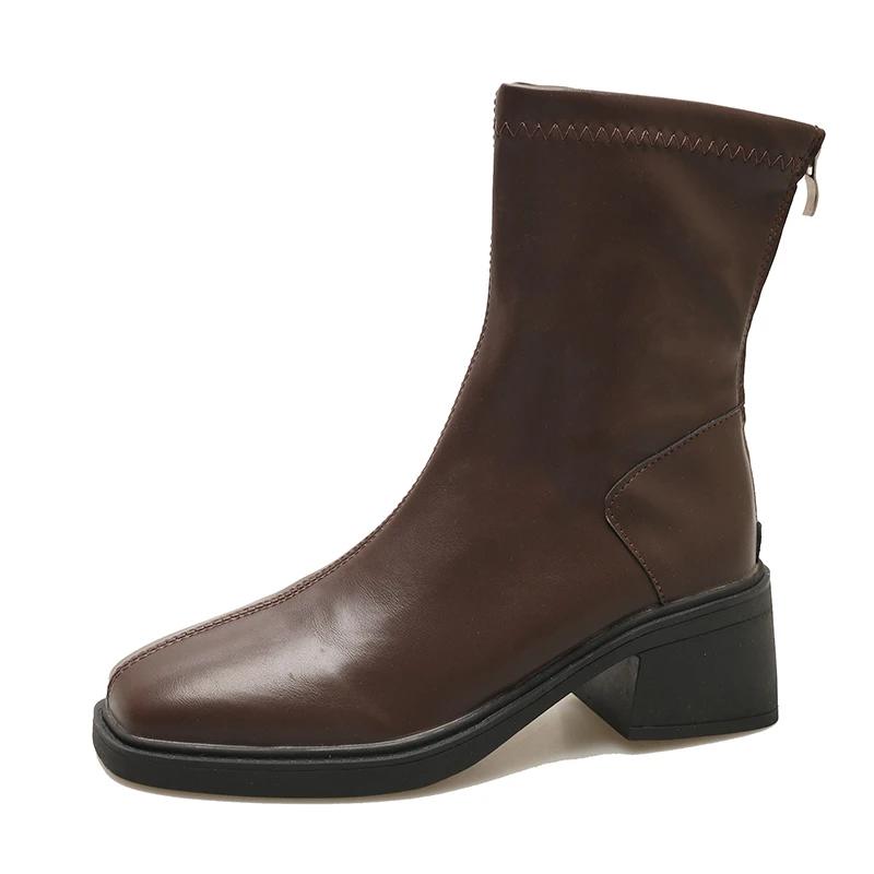 Zimowe Skórzane Damskie Śniegowce do Kostki Średnie Obcasy Projektanckie Buty Motocyklowe Trend 2024 Grube Modne Nowe Buty Goth Botas De Mujer