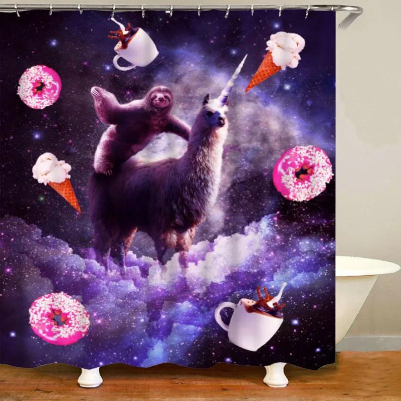 Zabawne Zwierzęta Zasłona Prysznicowa,Fajna Leniwiec Jedzący Jednorożca w Kosmosie Zasłona Prysznicowa,Tkaninowa Fantazyjna Zasłona Prysznicowa do Łazienki z Haczykami