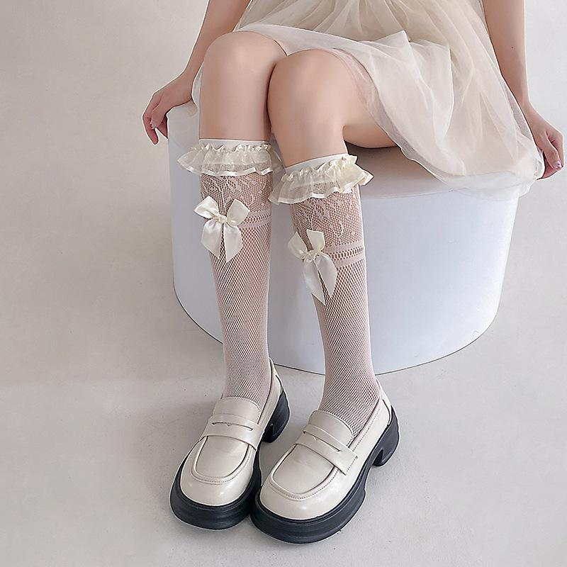 

Женские весенне-летние тонкие и милые носки-гольфы с бантом и кружевом 1 pair бежевый