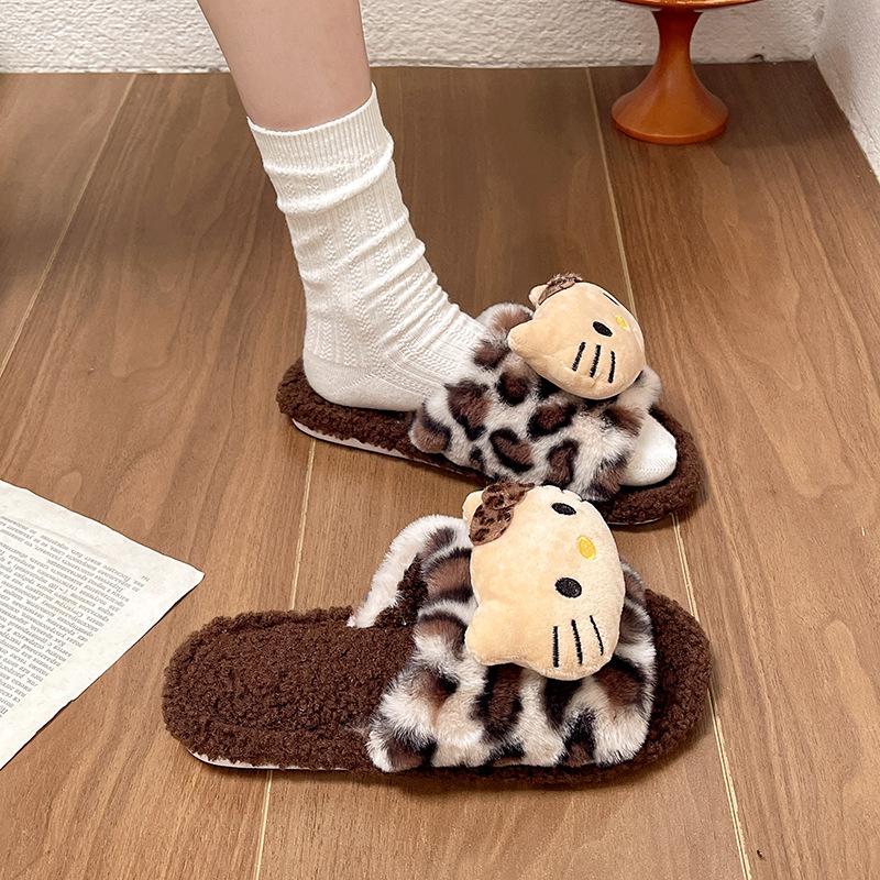 

Пушистые тапочки с леопардовым принтом женские 2025 новые осенне-зимние домашние комнатные нескользящие милые уличные хлопковые тапочки женские 41 бежевый