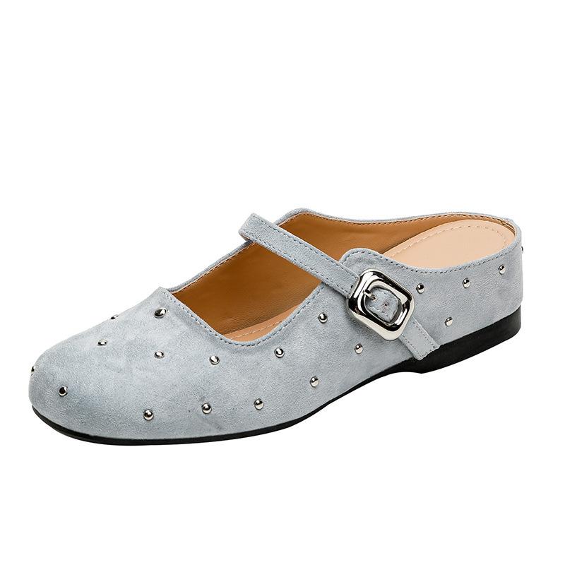 Inner height increase 5cm cool slippers women's 2025 summer new one-word buckle with Mary Jane shoes retro rivet half slippers