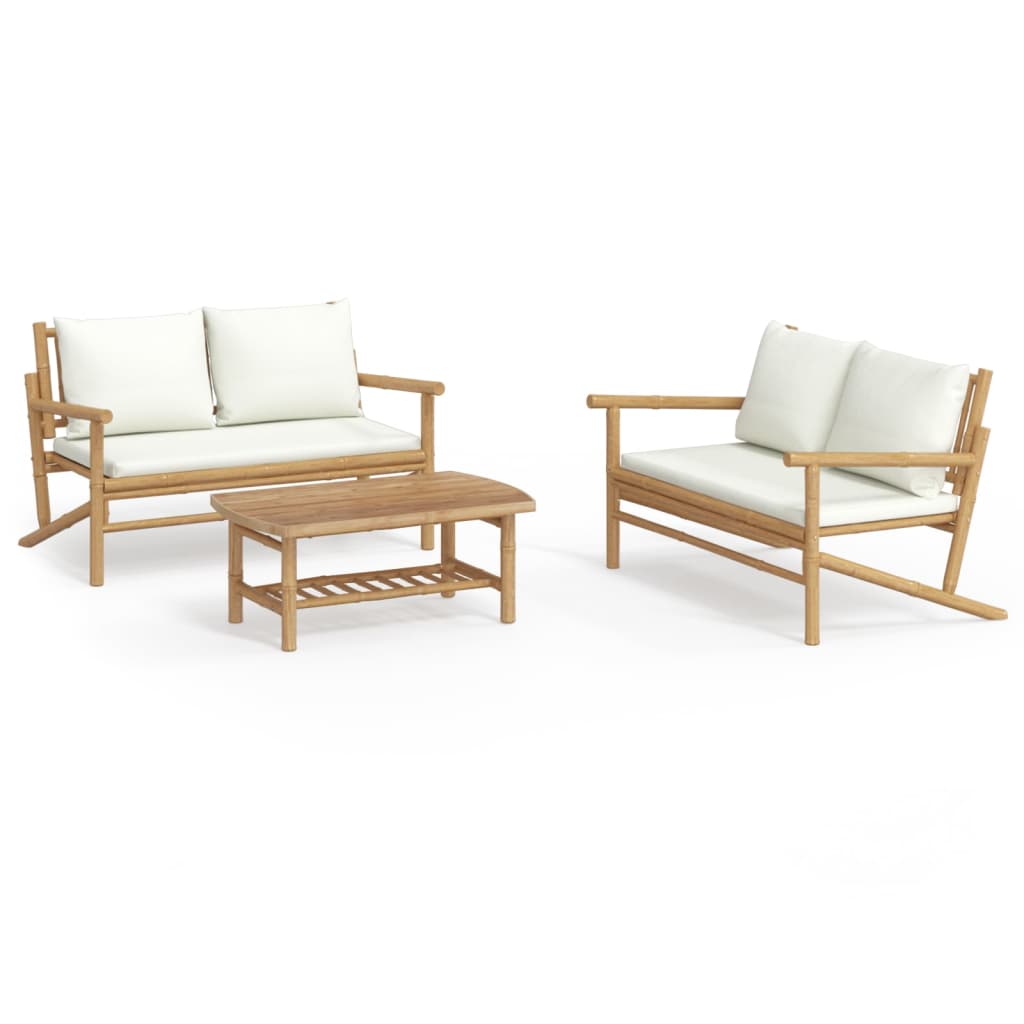 3 Piece Garden Lounge Set with Cushions Cream Bamboo