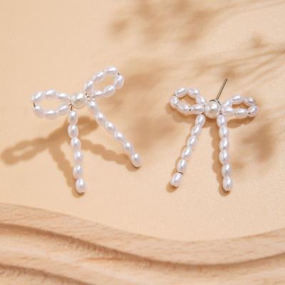 Pearls Beads Bow Knot Stud Earrings Pendientes Piercing Ear Stud Retro Simple Earrings  Girls Gift