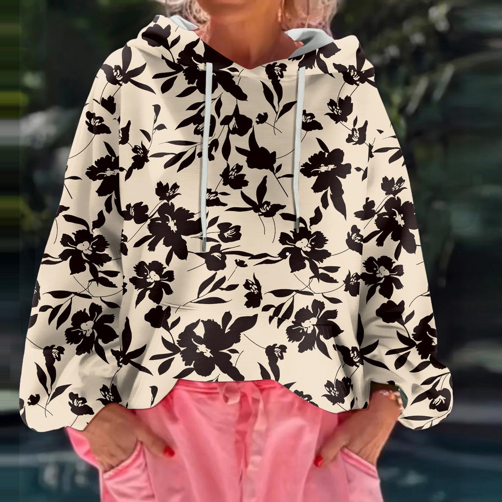 Women's Floral Print Loose Casual Long Sleeved Hooded Sweatshirt