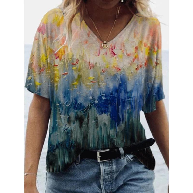 Sommer Graffiti Blume 3D-gedrucktes Kurzarm Damen V-Ausschnitt Buntes Lässiges Vielseitiges T-Shirt