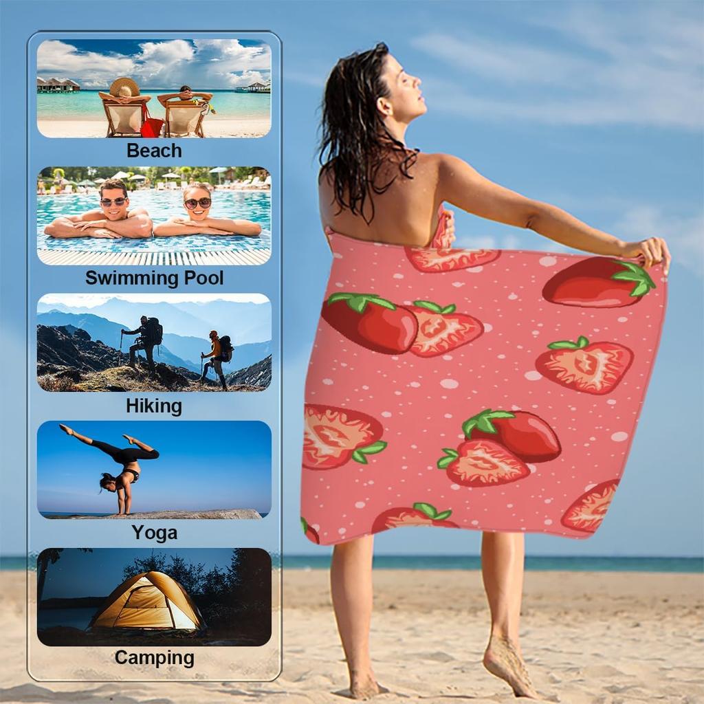 Strawberry Fruit Beach Towel Microfiber Oversized Sand Free Beach Towel Quick Dry, Lightweight Pool Gym Swim Towels for Travel