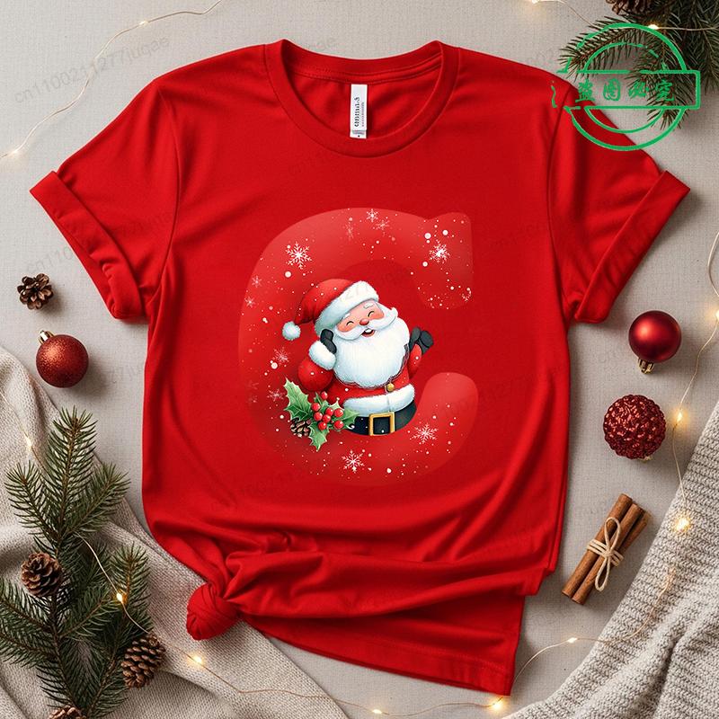 Christmas SantaAlphabet Letter Print T-shirt Short Sleeve Crew Neck Casual Top Kids Festive Holiday Women's Clothing Top