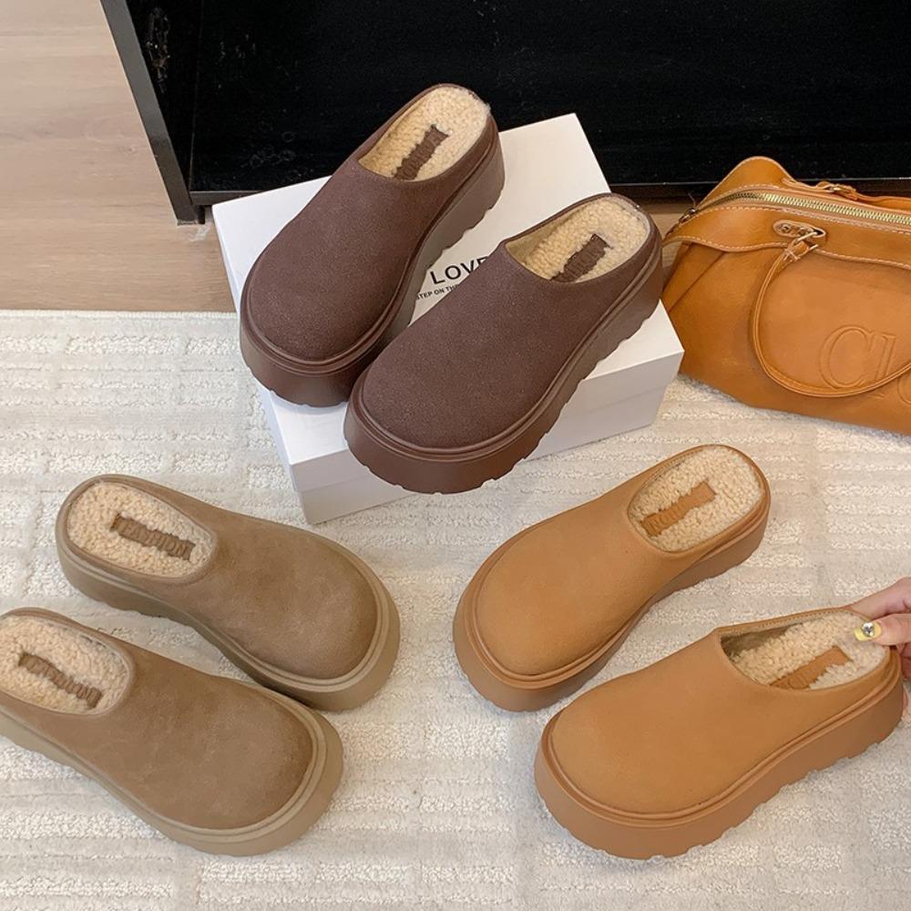 Women Fur Platform Half Slippers Woman Retro Suede Warm Shoes Autumn New Outdoor Design Thick-bottom Increase Cotton Slippers