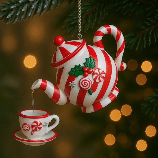 Christmas Teapot Ornament Vintage Christmas Tea Cup And Pot Hanging Decor with Pouring Tea Effect Gift for Tea Lovers