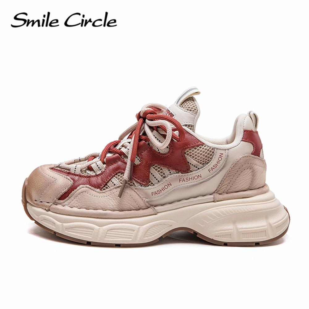 Damen Sneakers aus echtem Leder mit runder Zehenpartie und zunehmender Höhe, modische Freizeitschuhe mit dicker Sohle