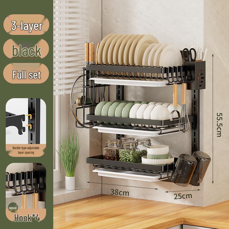 No-Punch Wall-Mounted Dish Drying Rack with Plate and Chopsticks Holder