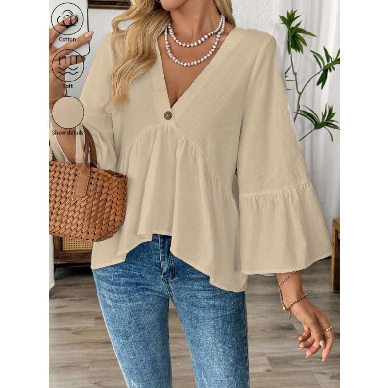 Spring Summer V-neck Elegant Loose Ruffled Women Blouse Half Sleeve Simple Casual Blouse Female New Solid Color Lotus Leaf Tops Office Sweet Clothing