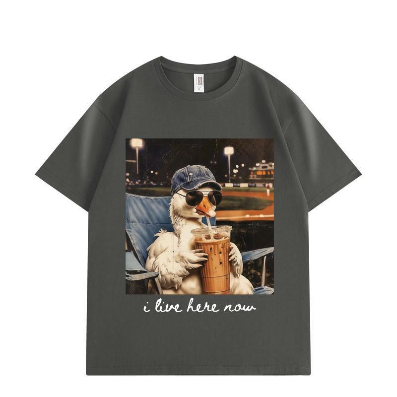 I Live Here Now Funny Goose Meme Graphic T Shirts High Quality Fashion Oversized T-shirts Men Women Short Sleeve T-shirt