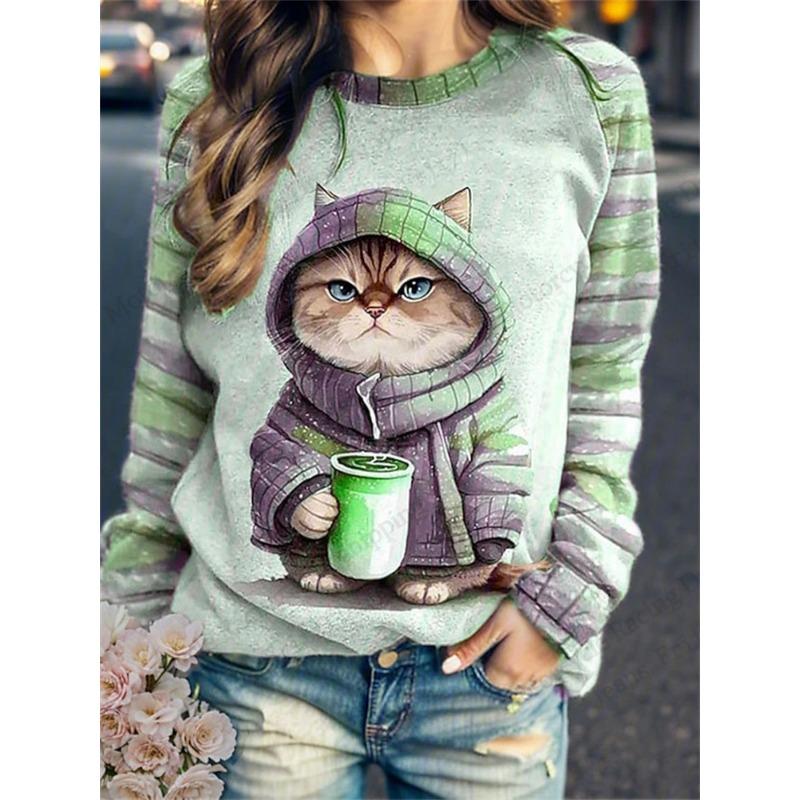 Women Hoodies Funny Cartoon Cat 3d Print Sweatshirt Women Fashion Crew Neck Pullover Hoodie Animal Sweats Female Coat Clothing