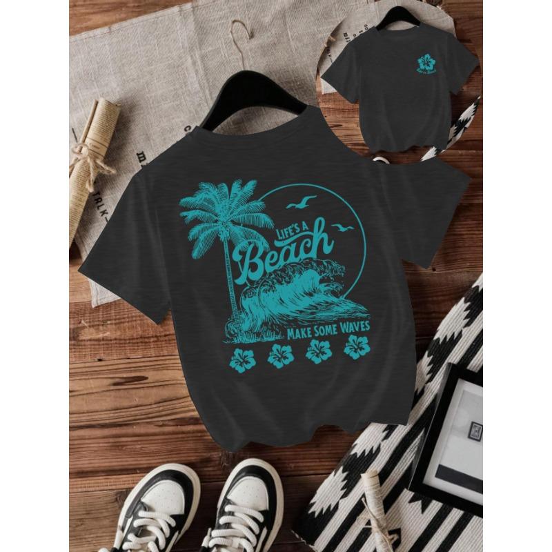

Футболка с круглым вырезом, модным принтом «Пляж и волны», свободными короткими рукавами XXL