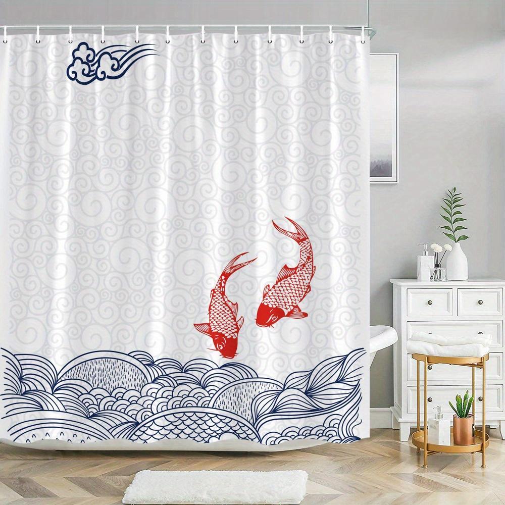 

1pc Koi Fish Wave Shower Curtain Digital Illustration Stylized Blue Swirl Pattern Light Grey Background White Swirls Modern Desi 90x180cm
