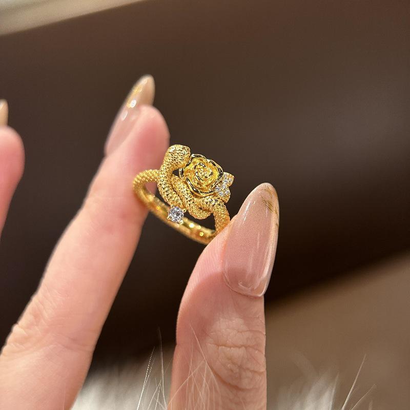 Gold-Plated Snake and Rose Ring for Women – Chinese Zodiac Year of the Snake Style