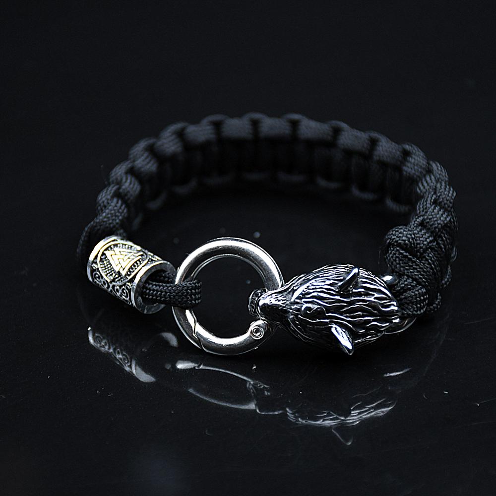 Stainless Steel Wolf Bracelets Men Norse Vikings Runes Paracord Rope Bangle Jewelry for Men