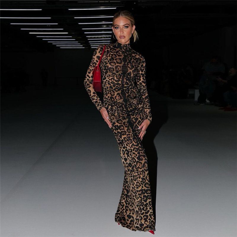 European and American Style 2023 Autumn and Winter New Cross-Border Women's High-Neck Long-Sleeve Fashion Bodycon Leopard Print Slim Dress