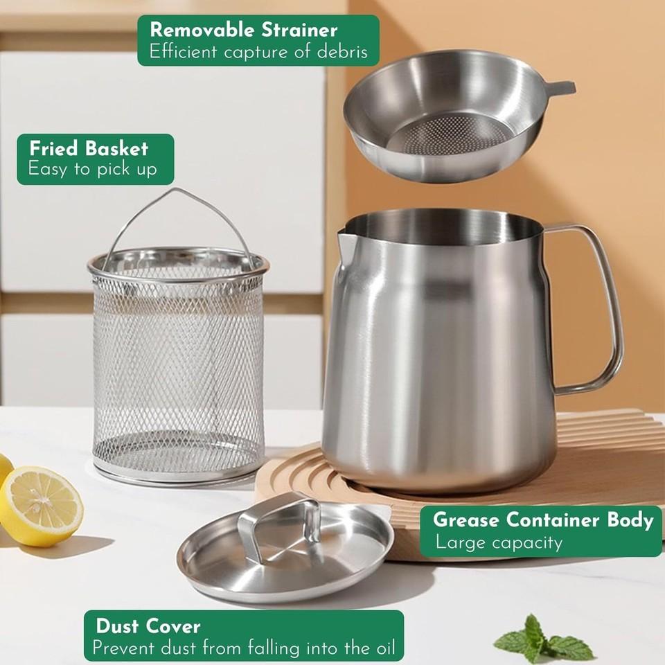 1.5L/2L Oil Filter Pot with Strainer and Frying Basket 304 Stainless Steel Oil