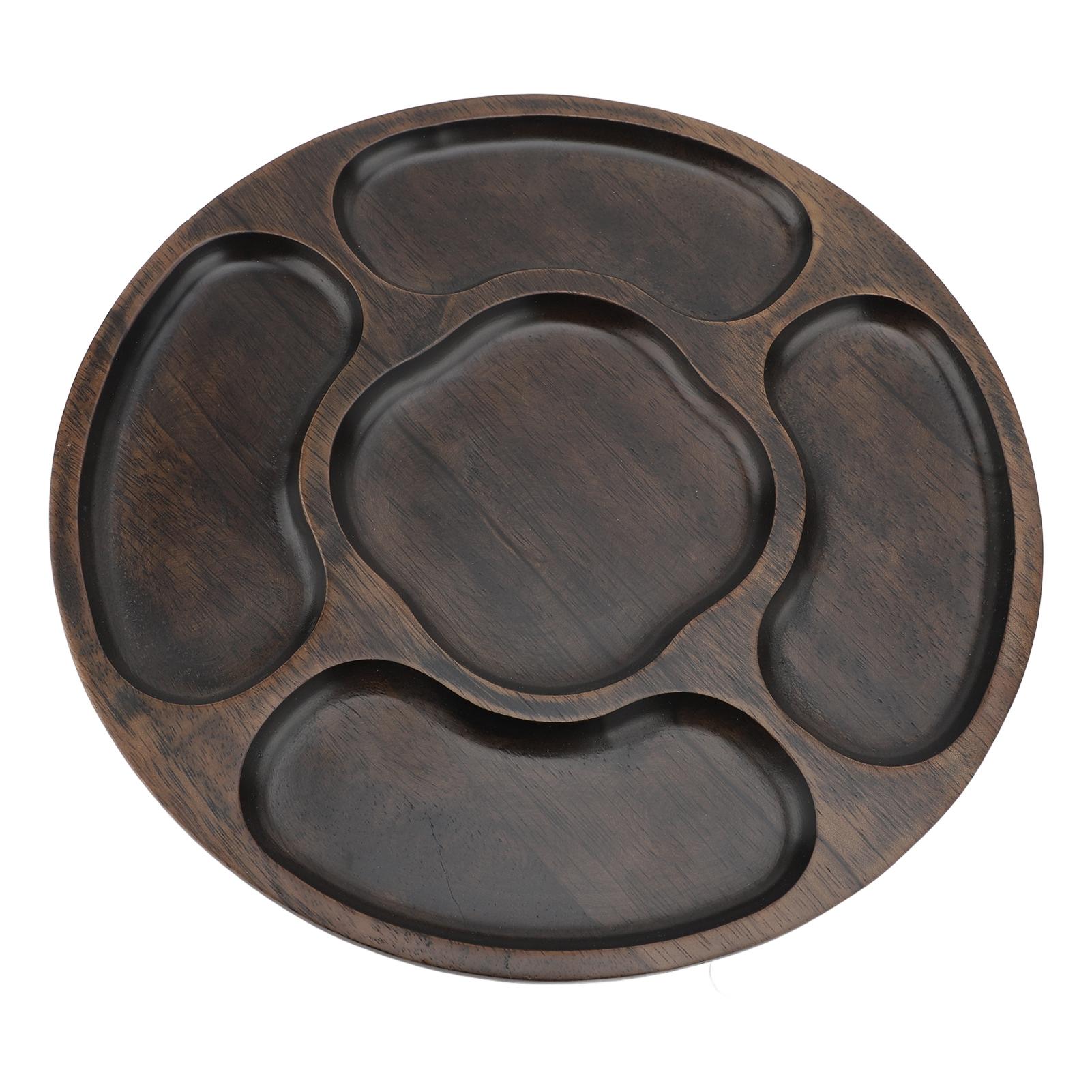 

Divided Serving Tray Wood Round Snack Platter Chip and Dip Tray with 5 Compartments for Candy Appetizer Nuts Parties