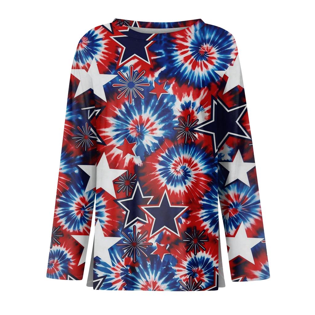 Langarm-Rundhals-Oberteil mit Stern- und Batik-Printmuster Lässiger Pullover für Damen Bequemer Weicher Stoff Stilvolles Design Geeignet für den täglichen Gebrauch