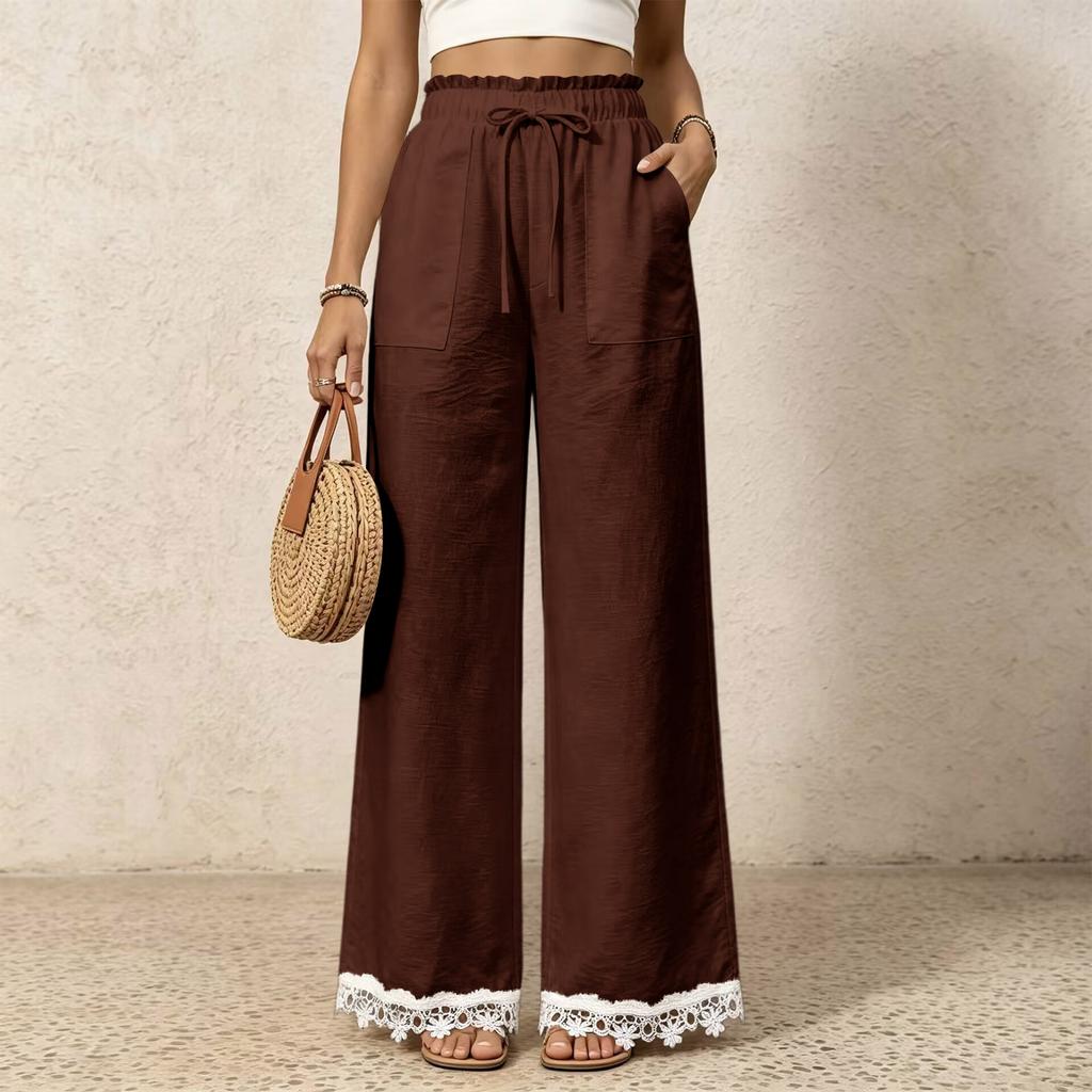 Women's Casual Wide Leg Pants with High Waist Drawstring and Lace Trim Patch Pockets for Everyday Wear