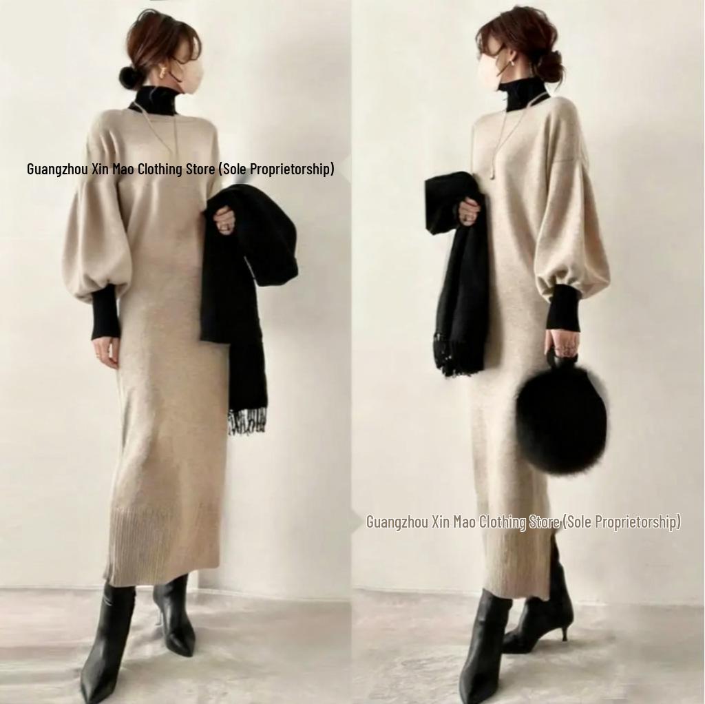 

Japanese Style Collarless High Neck Knitted Dress - Autumn 2025 Arrival Small абрикосовый