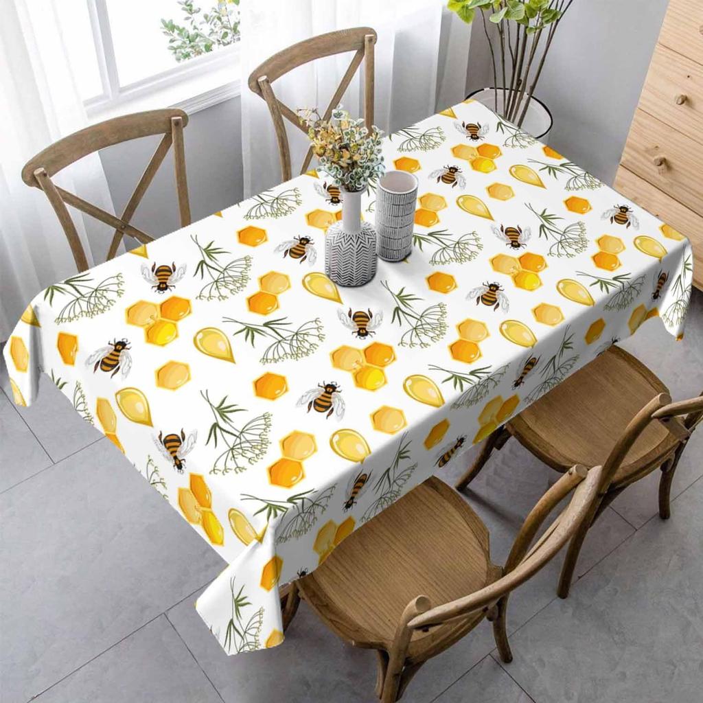 Bees Honeycombs Yellow Rectangular Tablecloth Nectar Honey Beehive Farm Polyester Table Cloths for Dining Kitchen Outdoor Picnic Camping Party