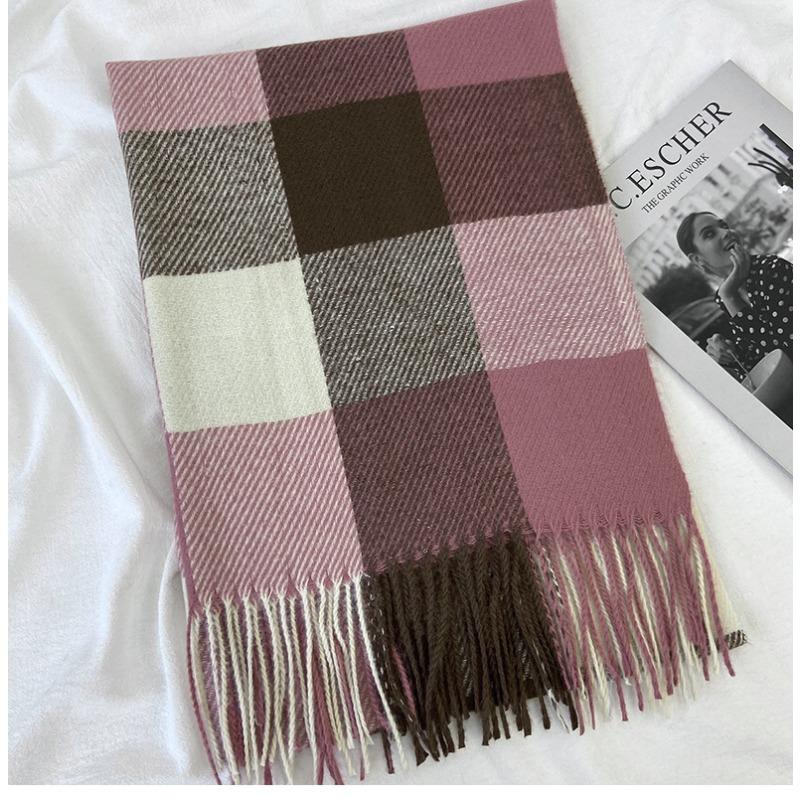 Geometric Plaid Scarf - Windproof Warm Winter Scarf with Fringe Edges, Unisex Elegant Casual Scarf for Women Fall Winter Fashion Accessory