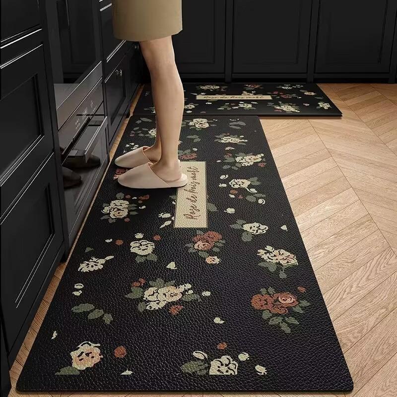 Kitchen Floor Mat Non-Slip Waterproof Oil-Proof Carpet Pvc Leather Black White Minimalist Texture Rug Long Ruler Home Decor Mats