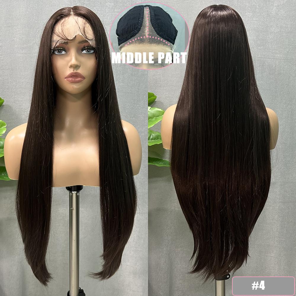 Long Straight Synthetic Lace Wig 32In Middle Part Wigs with Pre Plucked Baby Hair Brown Color Heat Resistant Fiber for Women