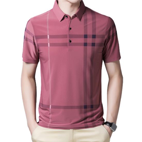 Camicia da uomo a righe a maniche corte con colletto alla coreana e fantasia dritta, T-shirt formale, Abbigliamento quotidiano