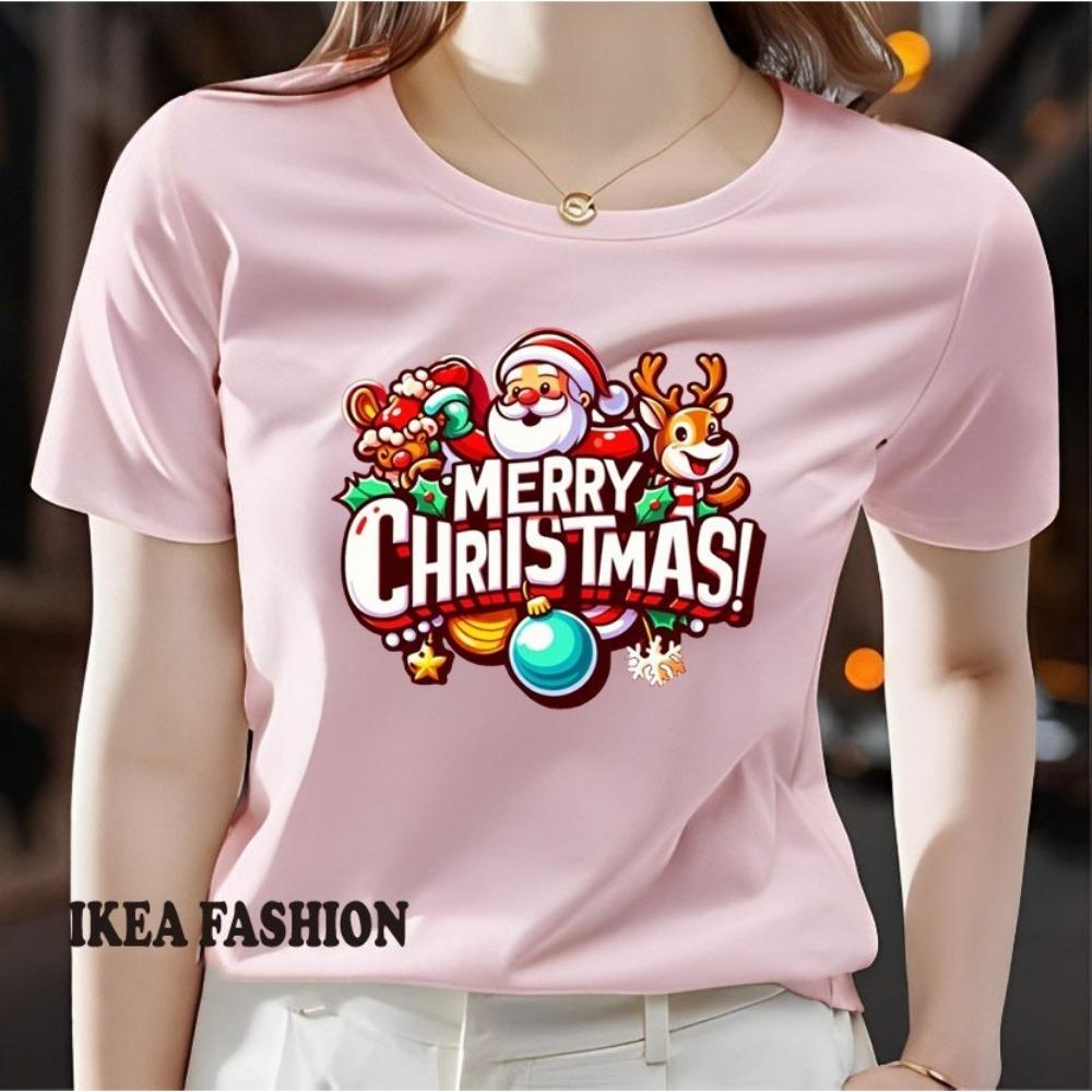 Large Women's Christmas Pattern Printed T-shirt - Short Sleeve Round Neck Casual Top