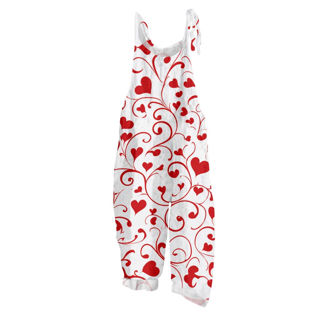 Damen Jumpsuit Print Casual Loose Vintage Schultergurt Baumwolle Leinen