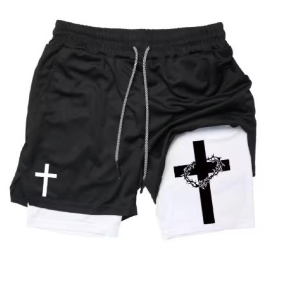 Cross Christian God Bible Pray Faith Jesus Muay Thai Kick Boxing MMA Double Layer Shorts Men Women Unisex Quick Dry Training Sport Gym Fitness Workout